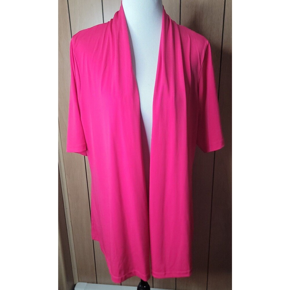 Susan Graver Women's Large Pink Open Front Cardigan Lace Back Stretch 3/4 Sleeve
